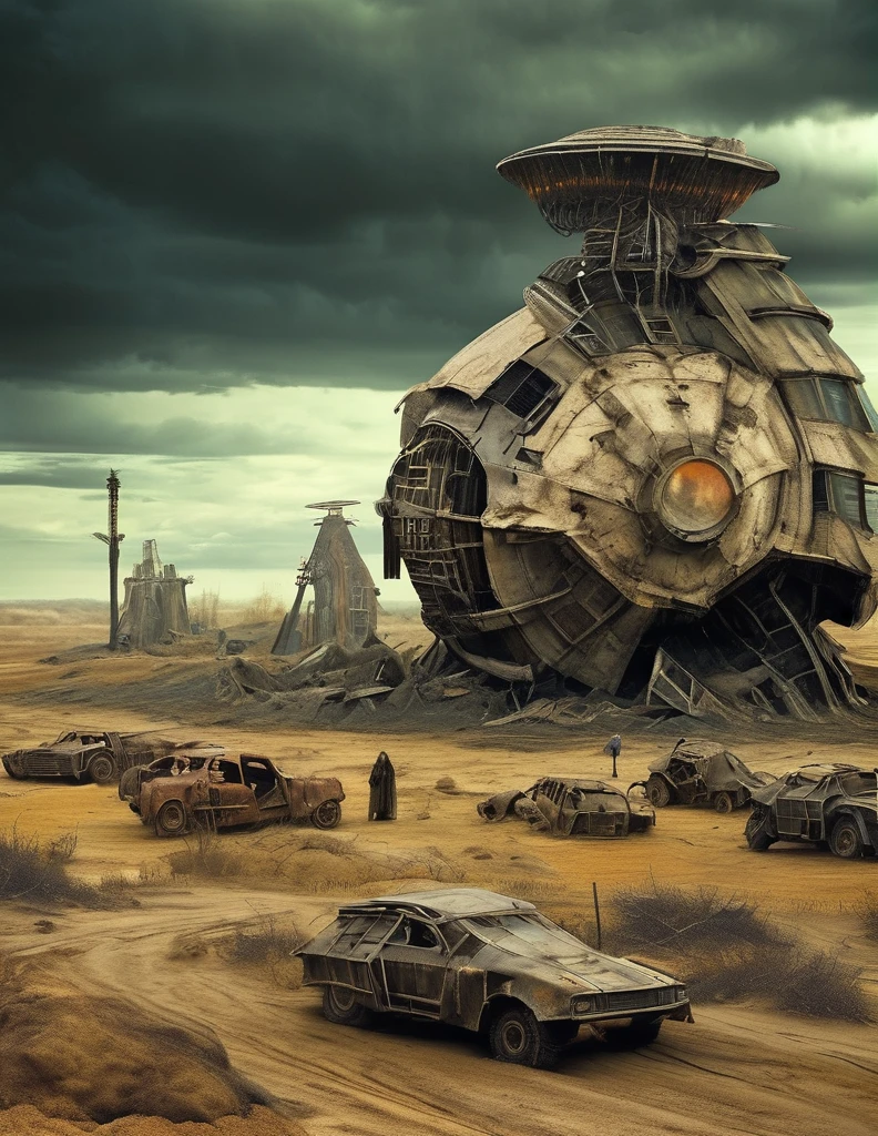 Apocalyptic Wasteland，Science fiction film,full of fantasyfantastical ideas,by van gogh,Big roundspaceship,Doomsday, wasteland style,hd,8