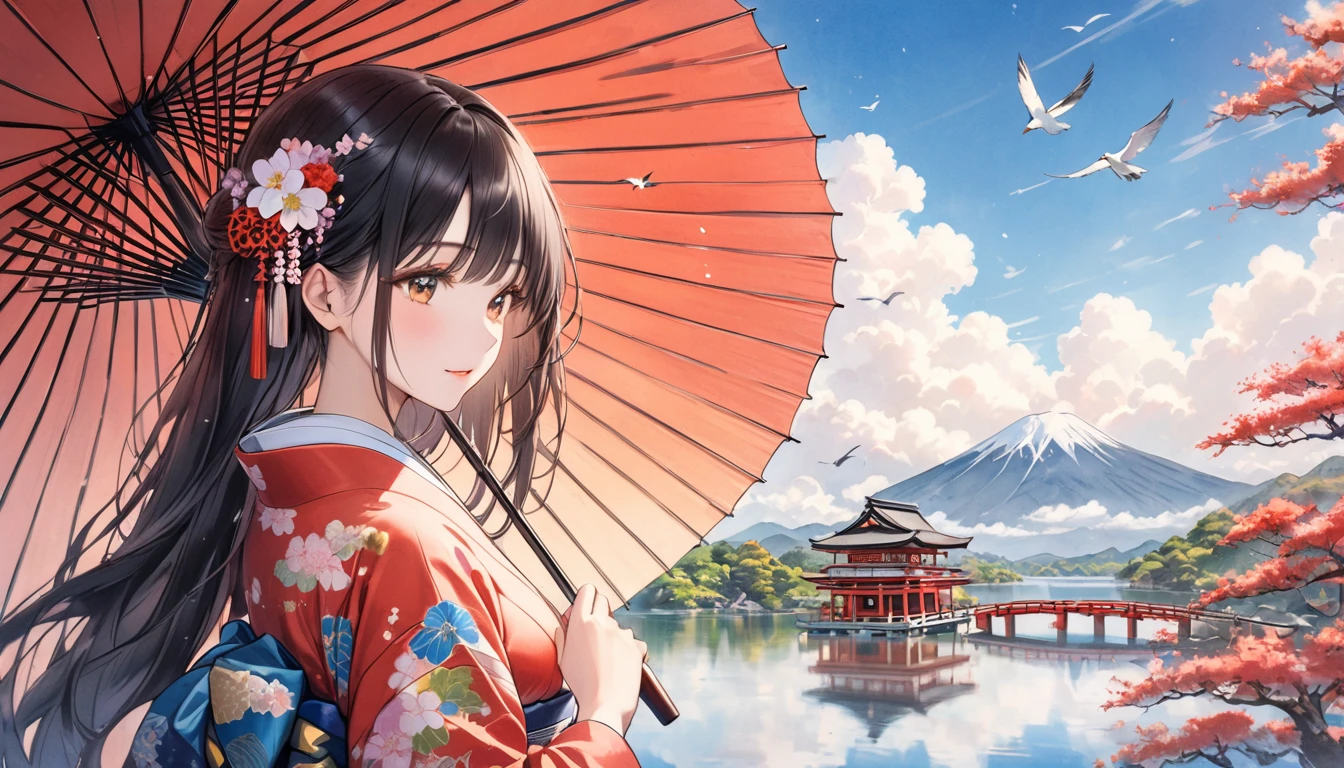 ((Umbrella)),Beautiful woman, ((Colorful Japanese clothing)),looking away,Please laugh, Please comb your hair with your hands,In the distance, Calm Mountains々You can see., White cloud, lake, shrine, standing on a bridge, スタイリッシュに設計された建物You can see., (Japanese painting), art，(Colored pencil drawing)，Written by hand ,Beautiful black hair,Large Breasts,Long Hair,A small bird is flying in the sky