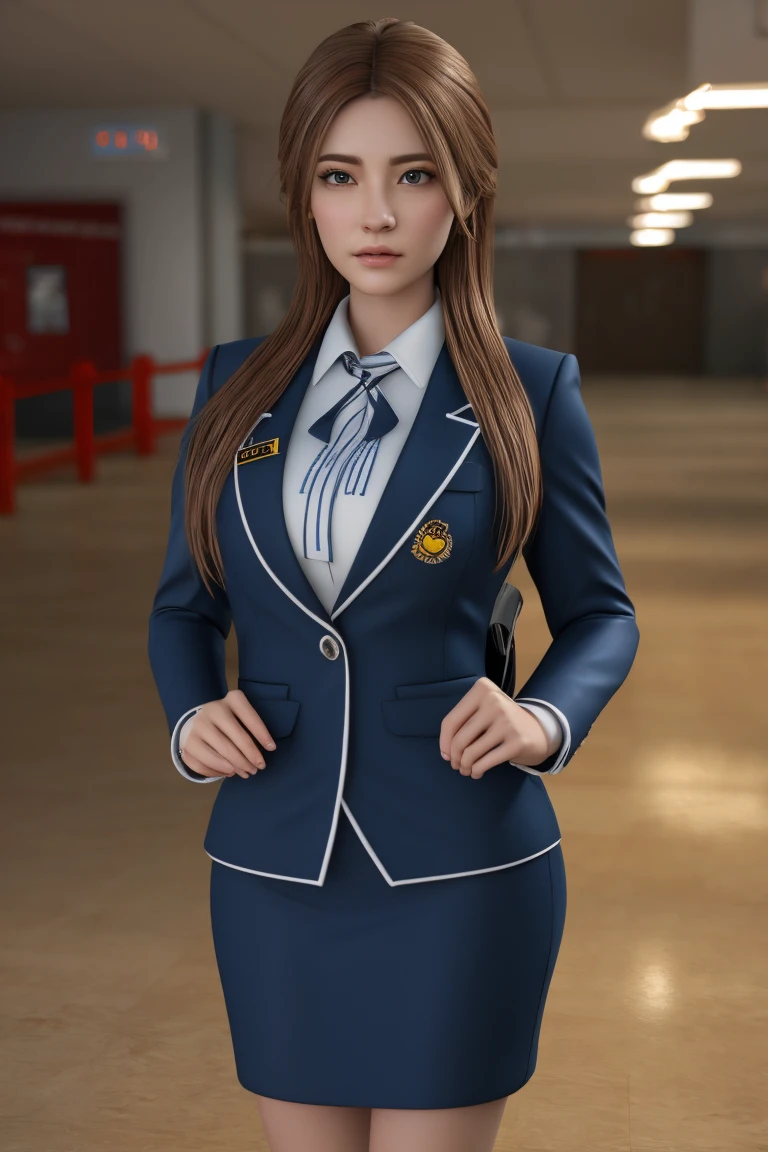 flight attendant costume,(masterpiece, best quality, absurdres, highres),ultra detailed,beautiful detailed face,pale skin,realistic glistening skin,detailed cloth texture,detailed hair texture,cinematic lighting,realistic lighting,detailed beautiful face and eyes and hair,ideal ratio body proportions,nice hands,perfect hands,extremely detailed background,standing pose,fullbody