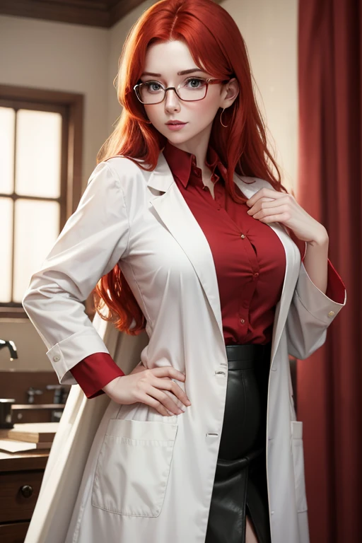  A redhead scientist woman, using glasses, a white lab coat, a red shirt, a black skirt. 