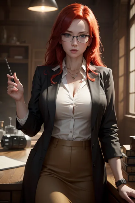 a redheaded scientist woman, glasses, white lab coat, red shirt, black skirt, intricate details, photorealistic, 8k, cinematic l...