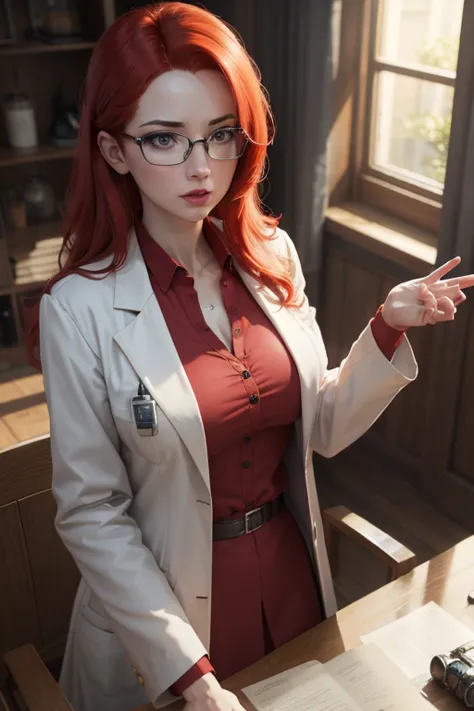 a redheaded scientist woman, glasses, white lab coat, red shirt, black skirt, intricate details, photorealistic, 8k, cinematic l...