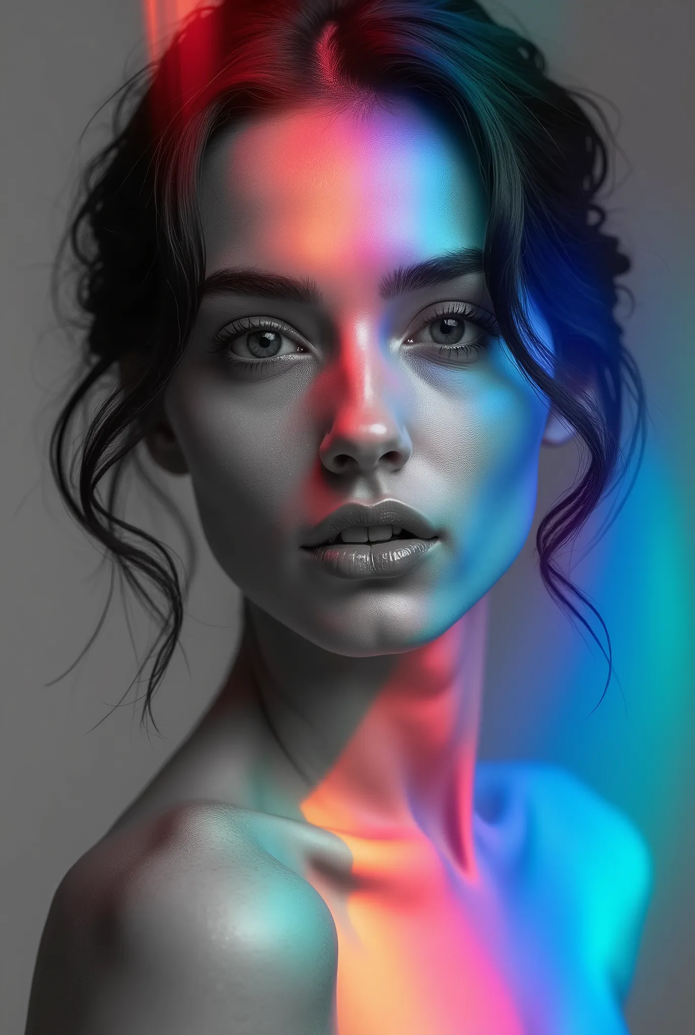 a colorful liner gradients overlay on top of a monochrome photo of beautiful woman with opacity 0.8