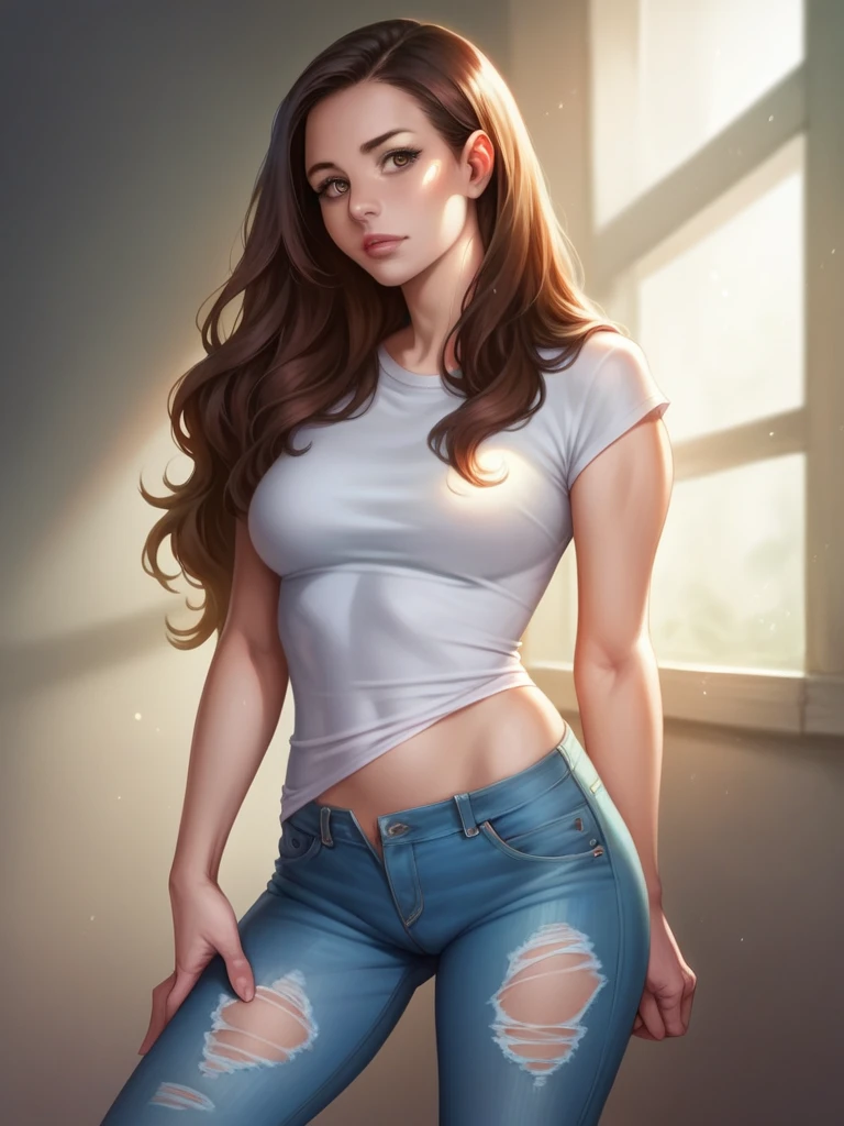 a beautiful woman with long brown hair wearing ripped light blue jeans, detailed face, extremely detailed eyes and lips, full pubic hair visible through jeans, natural lighting, realistic, photorealistic, 8k, high quality, intricate details