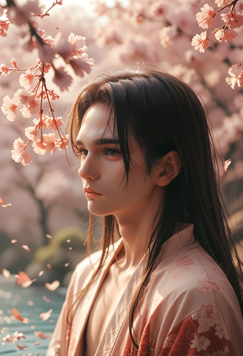 1 boy, upper body, {{expressionless}}, japanese clothing, long hair, One, cherry blossoms, looks at the viewer,