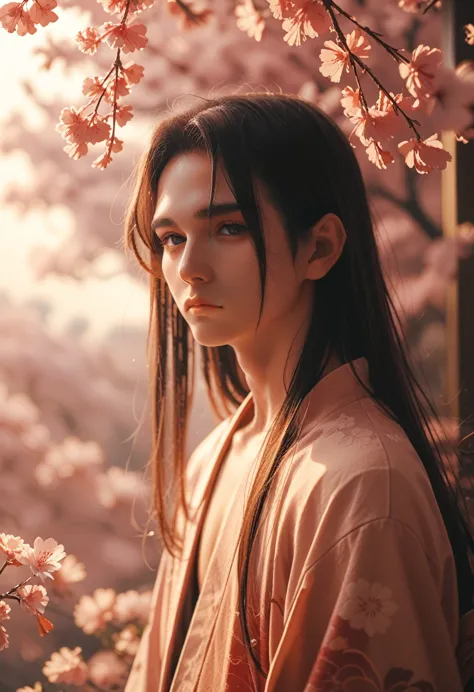 1 boy, upper body, {{expressionless}}, japanese clothing, long hair, one, cherry blossoms, looks at the viewer,