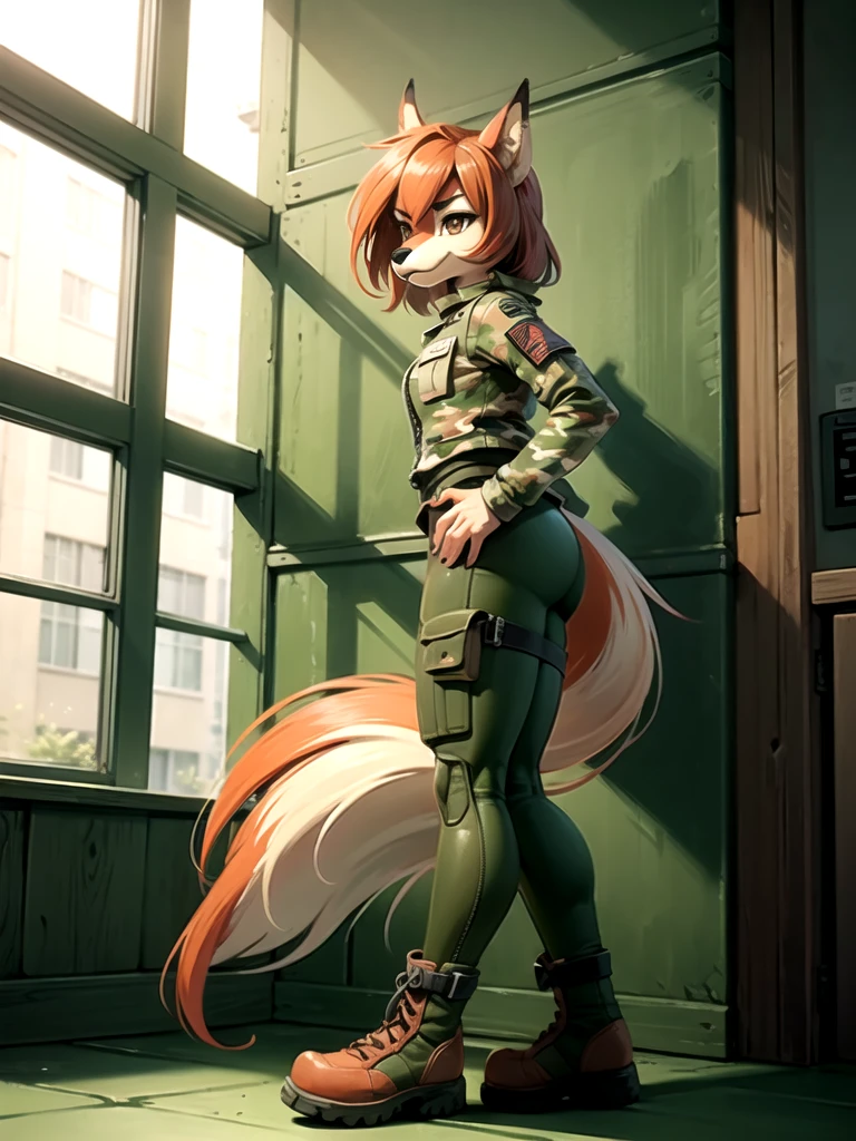 A furry anthro fox girl with brown hair, wearing a camouflage jacket, camouflage rubber pants, and army small boots, 