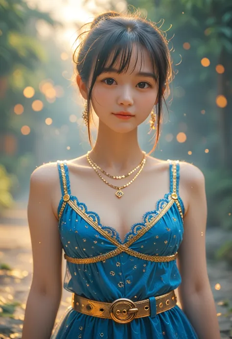 arafeka in a blue dress with a golden belt and necklace, 3d rendering of characters 8k, trending on cgstation, chengwei pan on a...