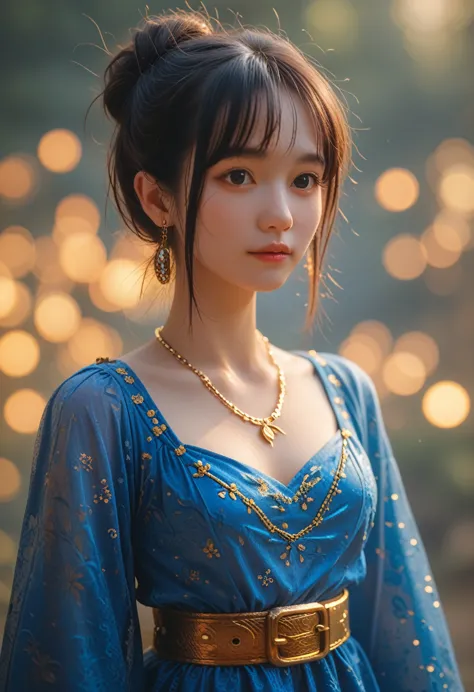 arafeka in a blue dress with a golden belt and necklace, 3d rendering of characters 8k, trending on cgstation, chengwei pan on a...