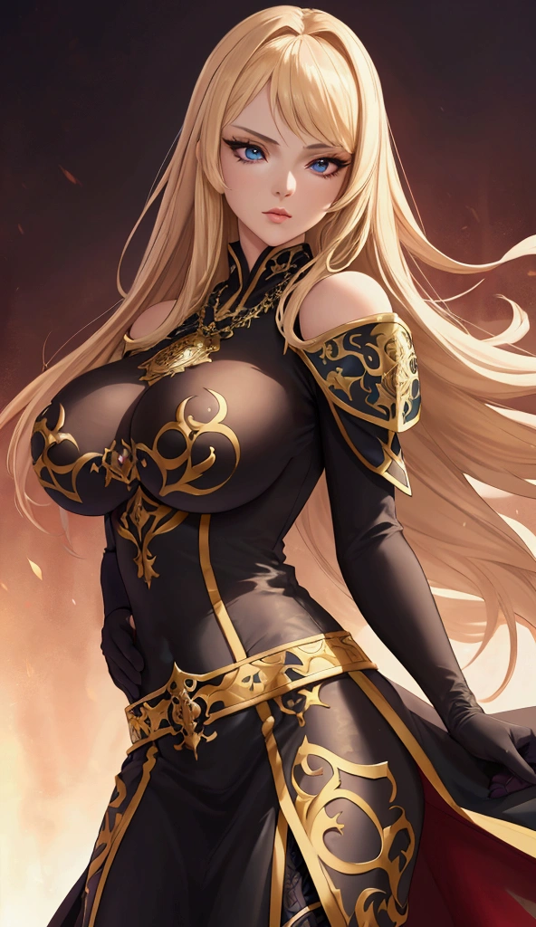 a beautiful woman, medieval anime lady, blonde hair, sharp blue eyes, black elastic tight dress, holding a sword, medieval fantasy, detailed portrait, cinematic lighting, dramatic pose, realistic, photorealistic, masterpiece, 8k, ultra-detailed, vivid colors, beautiful detailed eyes, beautiful detailed lips, extremely detailed face, long eyelashes, ornate medieval dress, intricate jewelry, regal bearing, graceful stance, dramatic lighting, moody atmosphere, rich color palette, volumetric lighting, depth of field, seamless blending, impeccable rendering, lifelike textures, with exposed breasts, with a long black coat on her shoulder, Large breasts