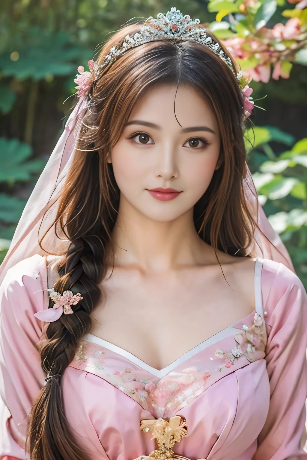 ((best quality)), ((masterpiece)), (detailed), Perfect face, goddess, Romantic look, Pink long hair, Mysterious expression, Amazing aura, Gorgeous upper body, More beautiful appearance, Sparkling crowns and ornaments, Mid-distance half-length portrait