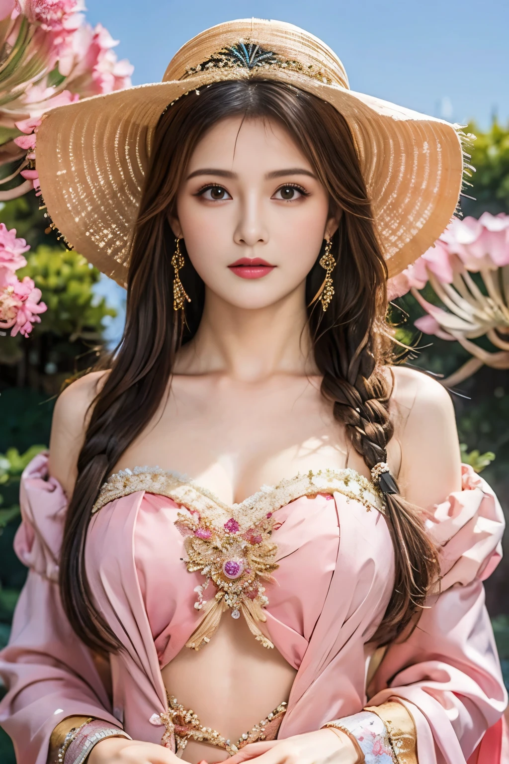 ((best quality)), ((masterpiece)), (detailed), Perfect face, goddess, Romantic look, Pink long hair, Mysterious expression, Amazing aura, Gorgeous upper body, More beautiful appearance, Sparkling crowns and ornaments, From the front