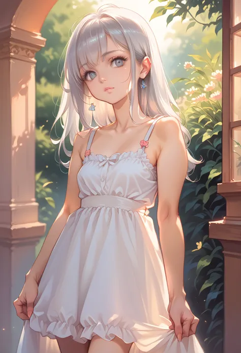 silver haired woman in a dress, 1 woman, one, sundress, photorealistic, realism, realistic, human