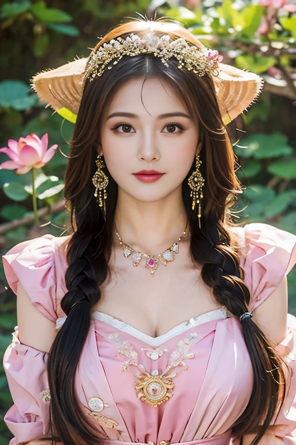 ((best quality)), ((masterpiece)), (detailed), Perfect face, goddess, Romantic look, Pink long hair, Mysterious expression, Amazing aura, Gorgeous upper body, More beautiful appearance, Sparkling crowns and ornaments, Mid-distance half-length portrait