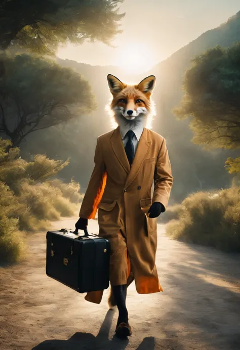 a photorealistic portrait of a fox playing the role of a zoologist(holding valise:0.6) in a breathtaking moment with a heavenly ...