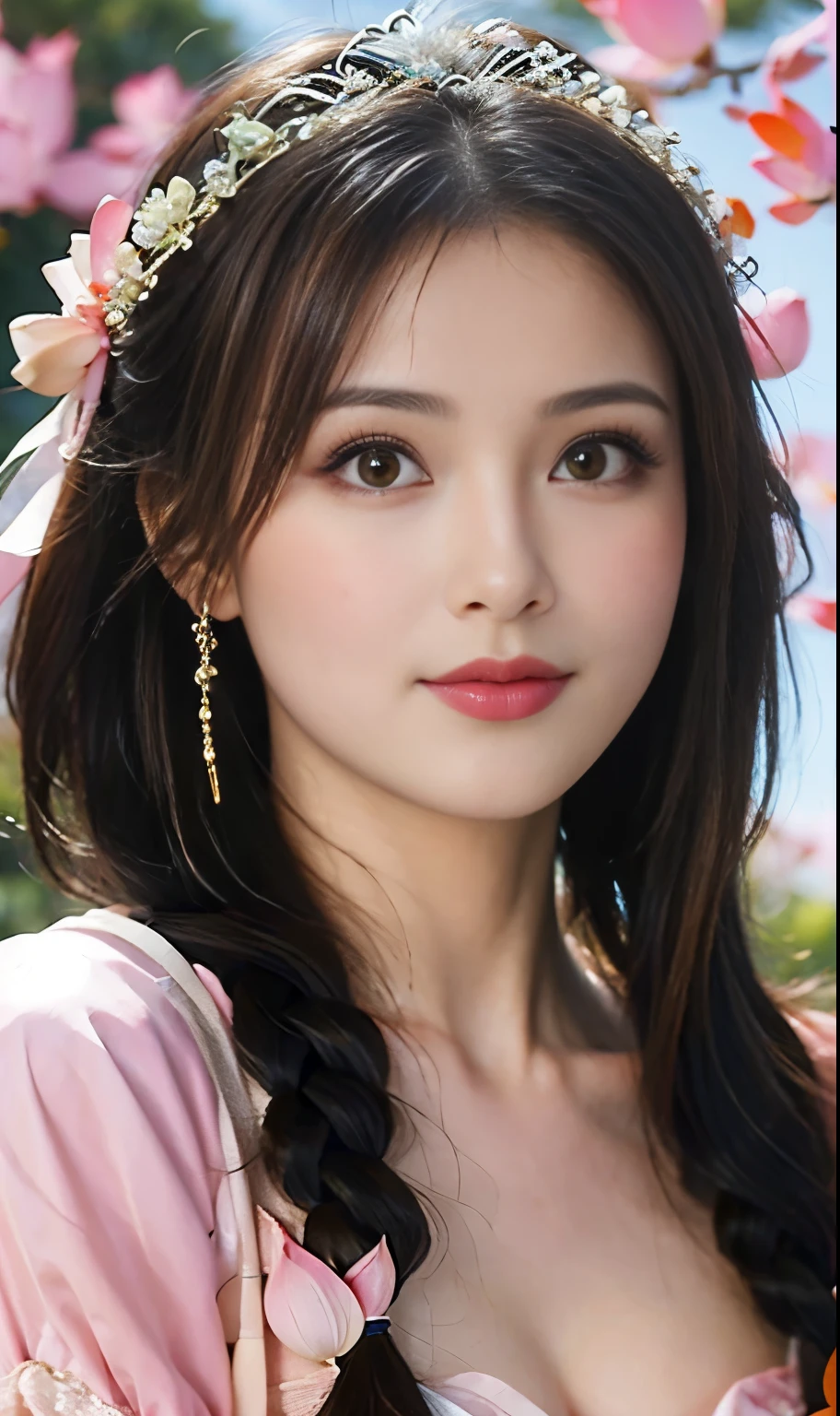 ((best quality)), ((masterpiece)), (detailed), Perfect face, goddess, Romantic look, Pink long hair, Mysterious expression, Amazing aura, Gorgeous bust, More beautiful appearance, Sparkling crowns and ornaments, Mid-distance half-length portrait，Sideways display