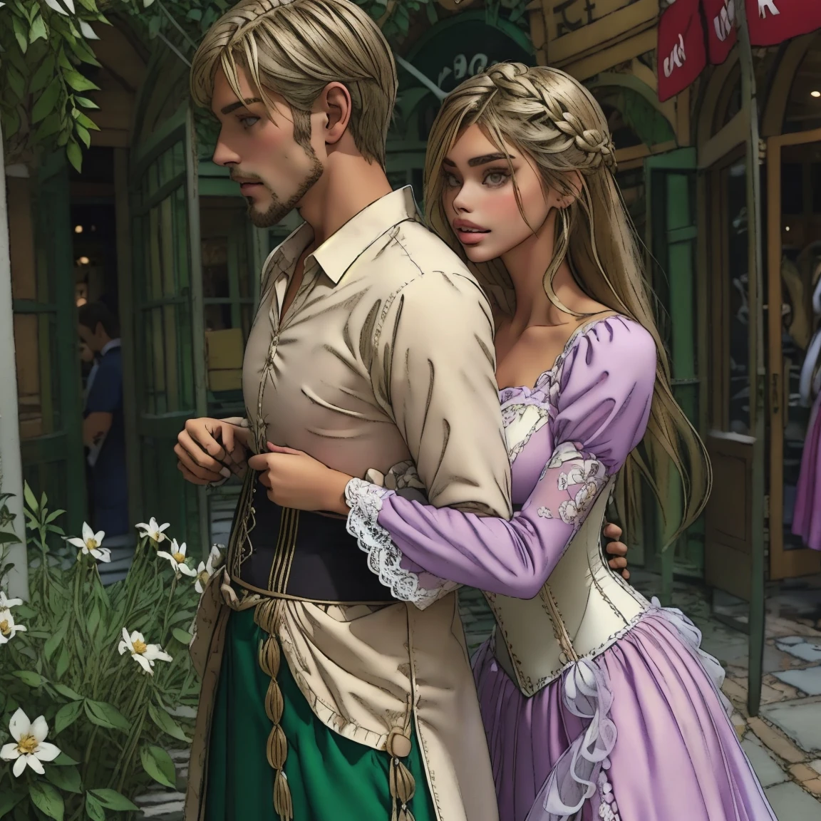 slmn, sara sampaio,1girl, skinny,  petite, blonde, masterpiece,best quality,highres,ultra-detailed,aadarjeeling,braid,bangs,medieval,long sleeves, rapunzel dress is a lavender-colored gown with puffed sleeves and a corset-style bodice. The bodice is typically decorated with intricate lace or floral embroidery. The skirt flows out from the waist, made of layers of soft, pastel-colored fabric, such as chiffon or tulle.outdoors,standing,:smile,half body shot, from side, (old_man behind, old_man hugs woman from behind, old_man grabs)