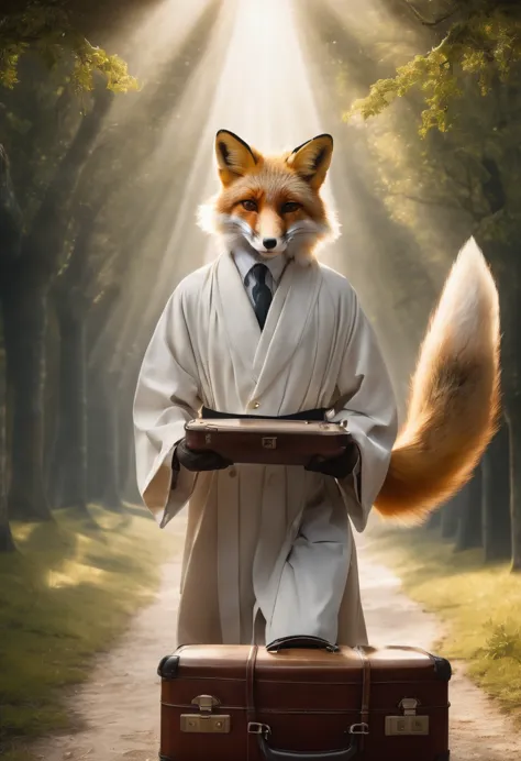 a photorealistic portrait of a fox playing the role of a zoologist(holding valise:0.6) in a breathtaking moment with a heavenly ...