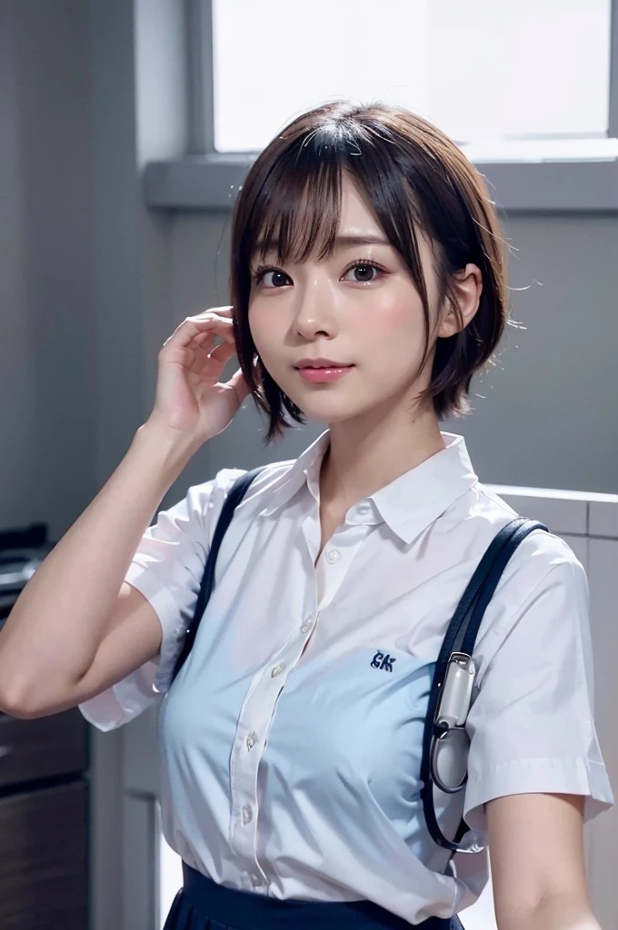 Japanese、8k、Ultra Detail、Photorealistic、Realistic and accurate depiction、Realistic and accurate human anatomy、High resolution、Highest quality、Perfect cuteness、((Highest quality, 8k, masterpiece: 1.3)), , Slim Beauty, Delicate hair, Detailed eyes, double eyelids, Cute smile, (cute), Soft Skin, Body Full Body, Ultra-realistic, Patient room details, (cute Short-haired Female Doctor Coming for Detailed Rounds), ( Female doctorの制服の詳細), Looking up、Female doctor、nurse