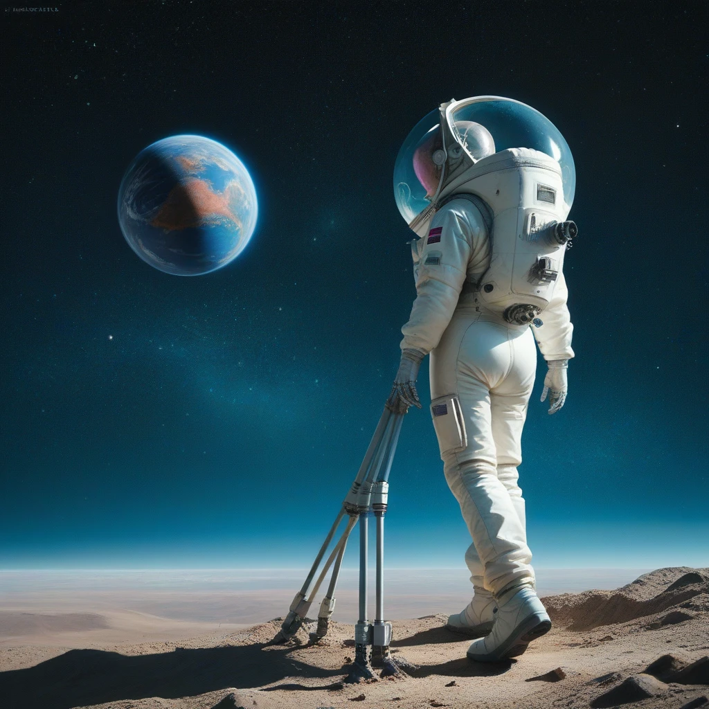 Great Space, blue haze, In the foreground is an astronaut in a transparent spacesuit, A lot of tubes, hydraulic limbs stick out from behind,  myriad star, plexus of galaxies, gradient of colors and shades, planets, comets, Maximum detail, high quality, realistically