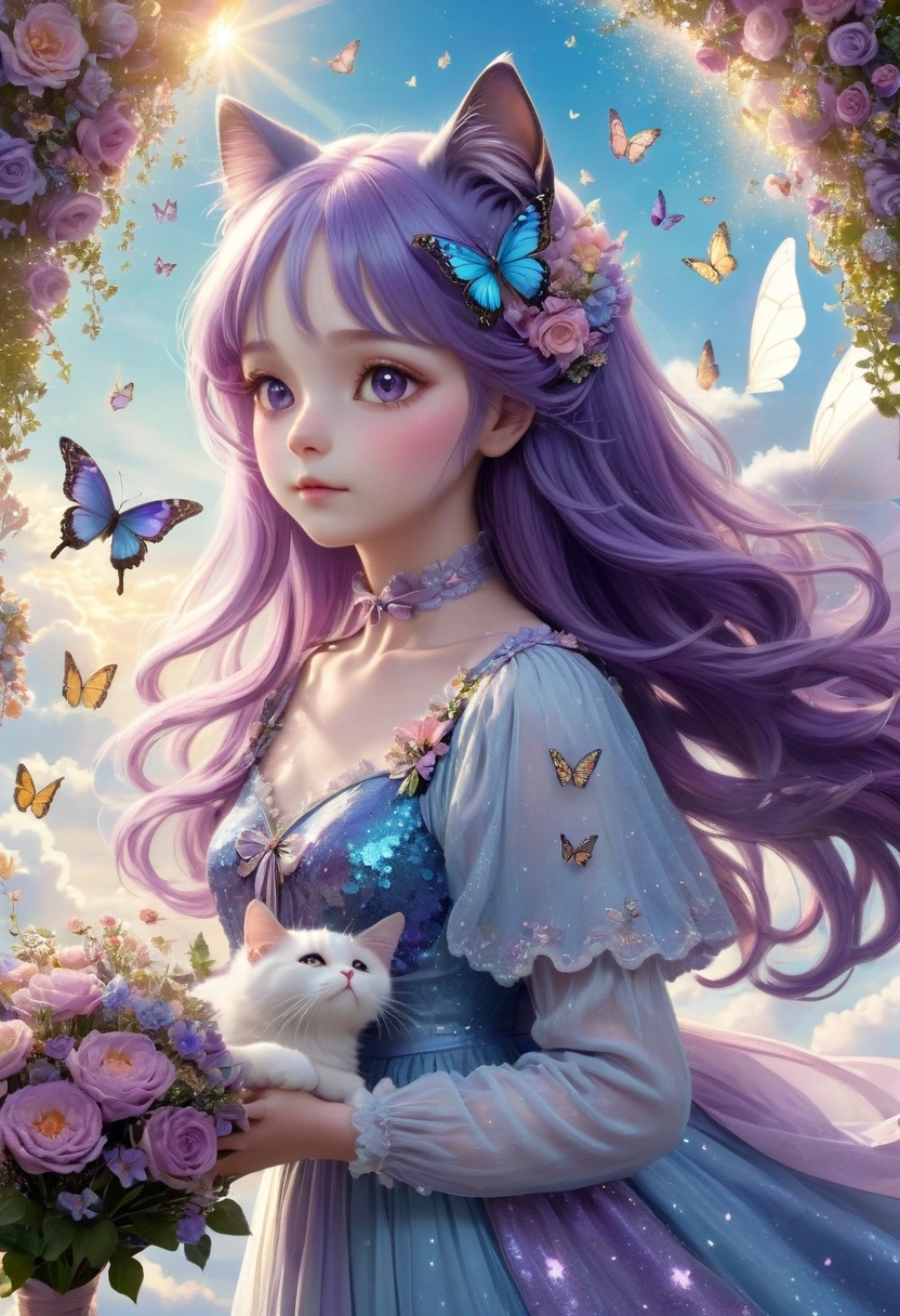 (extremely detailed, best quality), floating, an extremely delicate and beautiful dream-like scene,, , [(1girl),(long purple hair), detailed face, neck ribbon, elegant blue dress, standing on a cloud, (wide shot), (mysterious atmosphere):1.5],, , [(butterfly wings),(fluffy cat),(floral bouquet),(fairytale), (sunshine),(soft light),(pastel colors),(glitter):0.8]