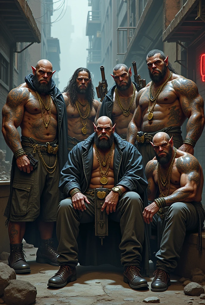 a group of different gang members, sit or stand, orc and human, brown-gray skin, tattoo, fancy clothes and gold jewelry, posing in different body position with their different weapons, stupid but dangerous , slums, cyberpunk, Shadowrun