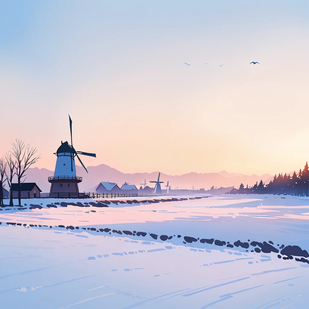 countryside、windmill、winter、Simple design