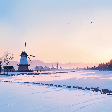 countryside、windmill、winter、simple design