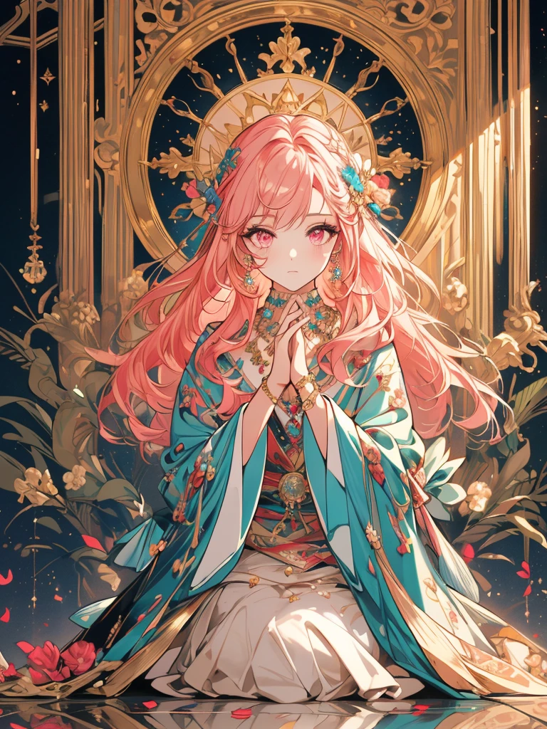 ((masterpiece, ultra quality, official art, beautiful and aesthetic:1.2)), (1lady), anatomically correct, colorful, ultra highres, unity 8k wallpaper, extreme detailed, pretty, (mandala, tangle), detailed face, detailed finger, divine light, gold leaf art, gold foil, sparkling paintings, long pointy ears, pink eyes, pink hair, iridescent dress, jeweled necklace, view audience, full body painting, tarotcard, (own hands together), praying, by Alfons,