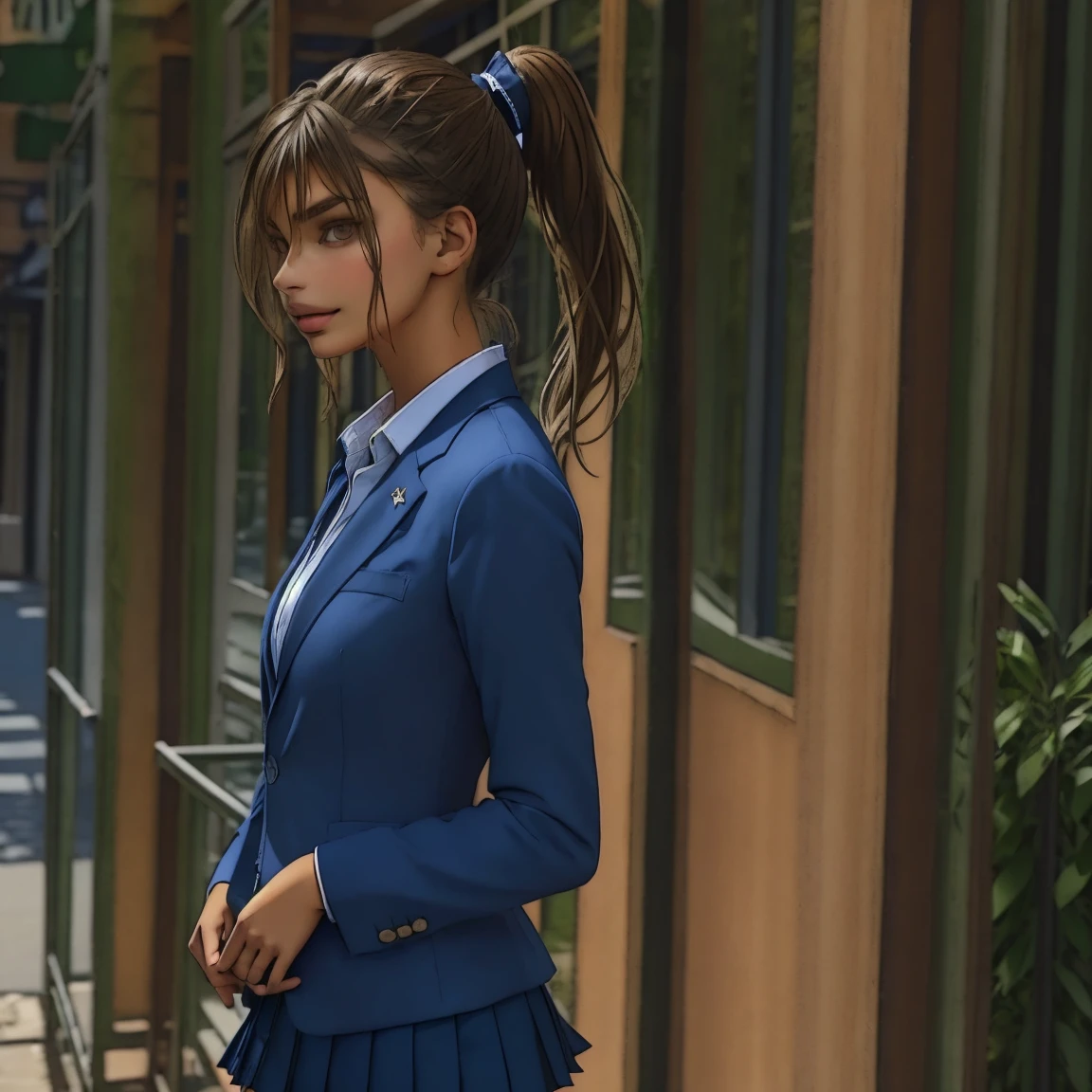 slmn, 1girl, emily ratajkowski masterpiece,best quality,highres,ultra-detailed,aadarjeeling, ponytail,school uniform,(navy blue blazer),emblem,collared shirt,long sleeves,pleated miniskirt,outdoors,standing,:smile,cowboy shot, from side