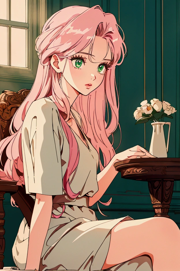 a girl with long pink hair, green eyes, small breasts, sitting on a chair with her legs up on the armrest, beautiful detailed eyes, beautiful detailed lips, extremely detailed eyes and face, long eyelashes, photorealistic, 8k, highly detailed, cinematic lighting, warm color tones, elegant, soft, dreamy, mystical