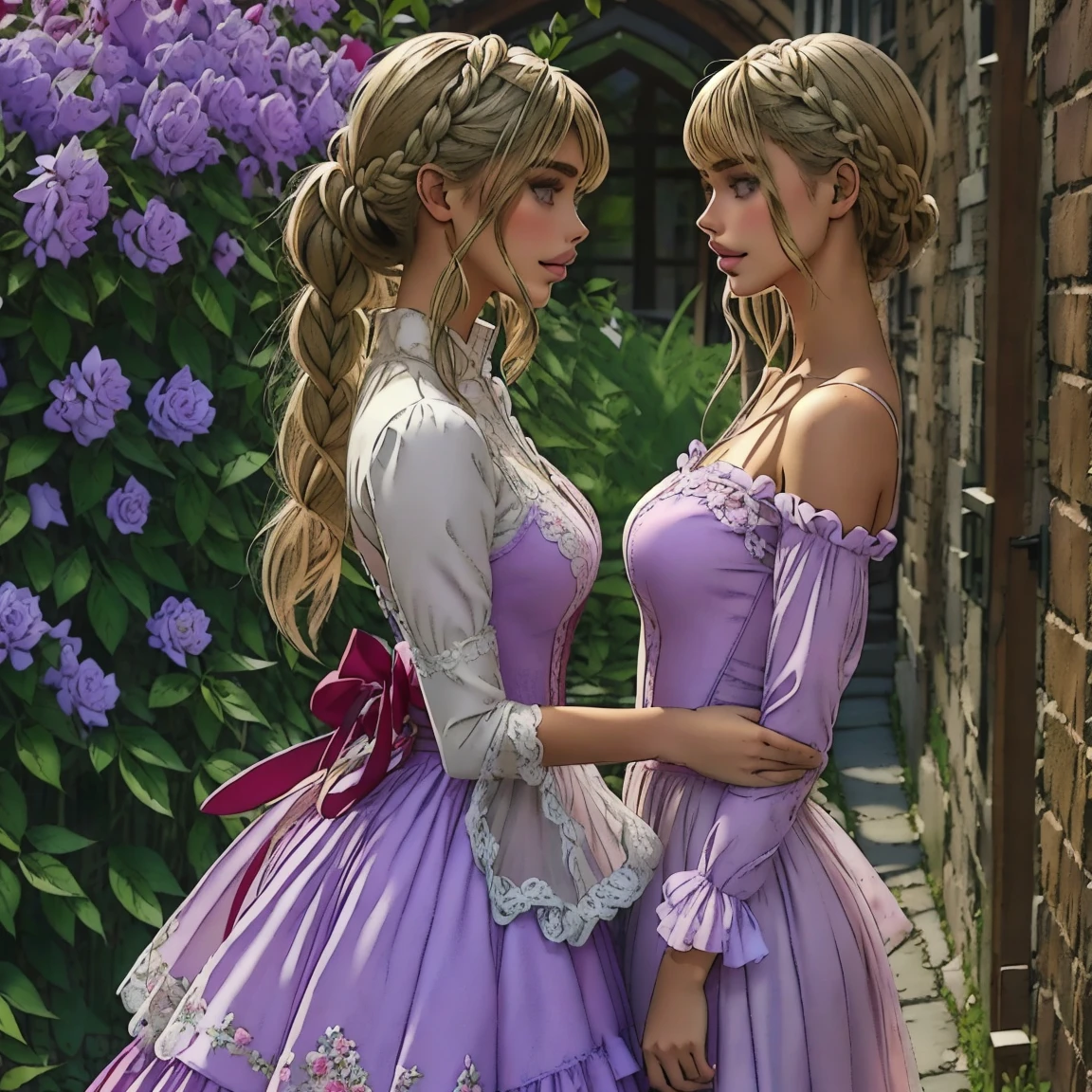 slmn, sara sampaio,1girl, skinny,  petite, blonde, masterpiece,best quality,highres,ultra-detailed,aadarjeeling,braid,bangs,medieval,long sleeves, rapunzel dress is a lavender-colored gown with puffed sleeves and a corset-style bodice. The bodice is typically decorated with intricate lace or floral embroidery. The skirt flows out from the waist, made of layers of soft, pastel-colored fabric, such as chiffon or tulle.outdoors,standing,:smile,half body shot, from side