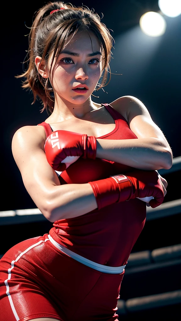 "Create an 8k poster of a fierce female boxer standing in the red corner of the boxing ring, poised and ready for the fight. Her gloves are up, her body is tense, and her expression is one of intense focus and determination. The bright red corner contrasts against the dimly lit background, with the boxing ropes framing the scene. Sweat glistens on her skin as she prepares for the upcoming match, while dramatic lighting casts deep shadows, emphasizing her strength and readiness. The atmosphere is tense, with the energy of the fight about to begin."