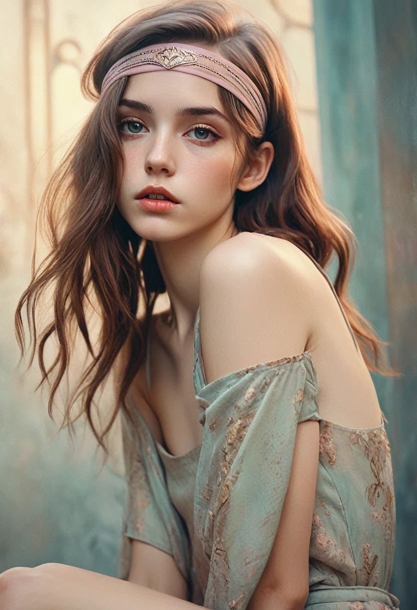 (Cinematic photo:1.3) From (Thigh-length photos:1.3),(skinny:1.3) Beautiful  girl, (complex brown hair), Highly detailed texture кожи, realistic texture кожи, looks straight into the camera, (looks at the viewer) ), pout, , Shine, Dramatic, Dreamy, pastelный цветочный сад, elegant, strange, gentle, Highly detailed, difficult, UHD Digital Photography, Fantasy theme, skinny shoulders, Photo to the knees , beautiful young girl, big, Beautiful body, highly detailed full-length shot, Dreamy, pastel, watercolor, strange, gentle, detailed hair band, Highly detailed texture, realistic texture, digital painting, highly detailed photo, (art deco: 1 .хFromоралFromм:1.3),(Classic realotm:1.3),(Fujifilm Superia:1.3),, golden hour light,