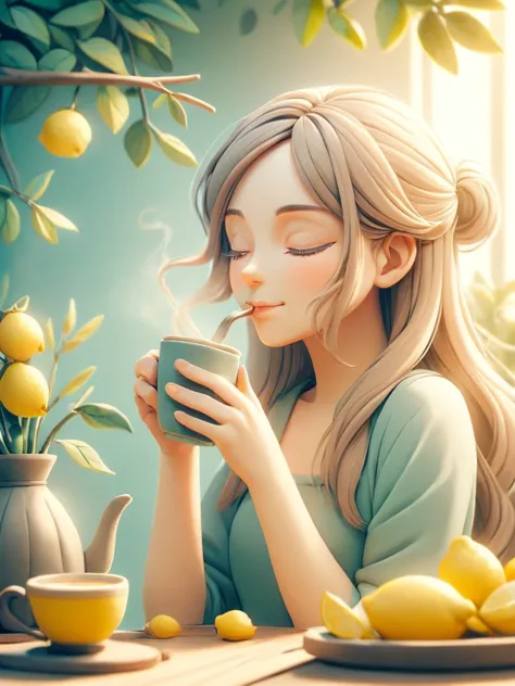 image of a woman with her eyes closed, smelling the aroma of a cup of lemon tea, ais-hppycly