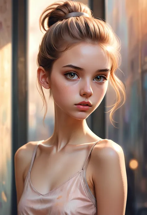 (cinematic photo: 1.3) from (really: 1.3), (comfortable: 1.3) beautiful 1 girl, (difficult messy bun of light brown hair), высок...