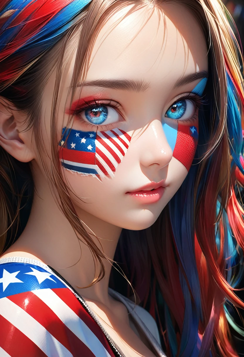 portrait, cool beauty, face painting, for watching sports, striking beautiful eyes, glossy silky messy hair, amorous and lewd expression, perfect proportions, background colorful patchwork reminiscent of national flags, delicate and dynamic textures, contrasts of light and shadow, 2.5D, artistic photography, hyper realistic, digital graphic CG, ultra detailed, absolutely resolution, best quality