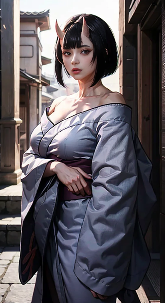 Masterpiece , highlydetailed, Hyperrealistic, fullbodyshot of Haryuu ,oni horns, short black hair, glowing red eyes, kimono off shoulder showing large breasts and clivage, perfect hands, good hands, perfect face features with seductive and serious look, perfect thick curvy and muscular body shape