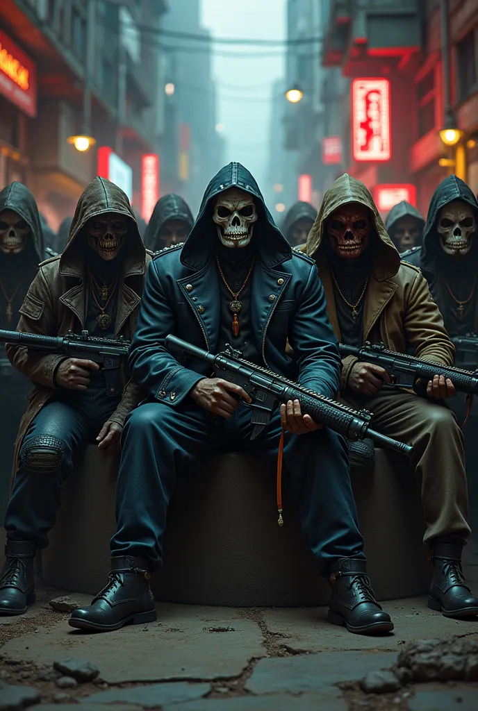 a group of different younger gang members, sit or stand, orc and human and dwarf, different origin skin, fancy and modern clothes and dark halloween mask, ready for a shoutout holding their different weapons, slums, cyberpunk, Shadowrun