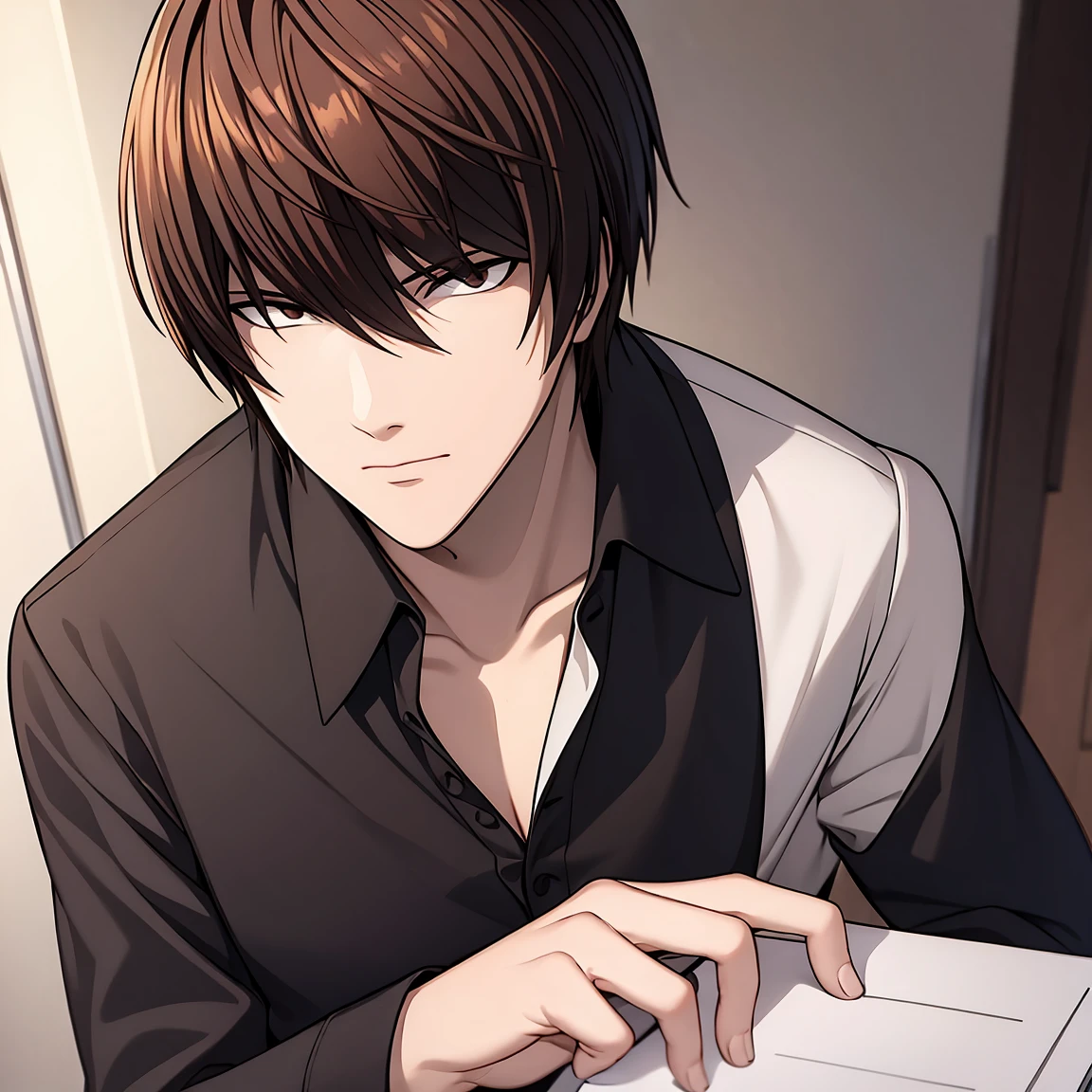 A fusion of L + light,lonely single character holding a black notebook,and wearing a blouse and jacket,male character.