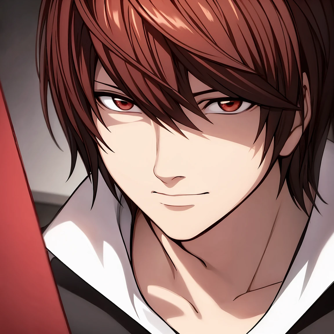 A fusion of L + light,lonely single character holding a black notebook,and wearing a blouse and jacket,dark red hair ,messy,dark circles,male character.