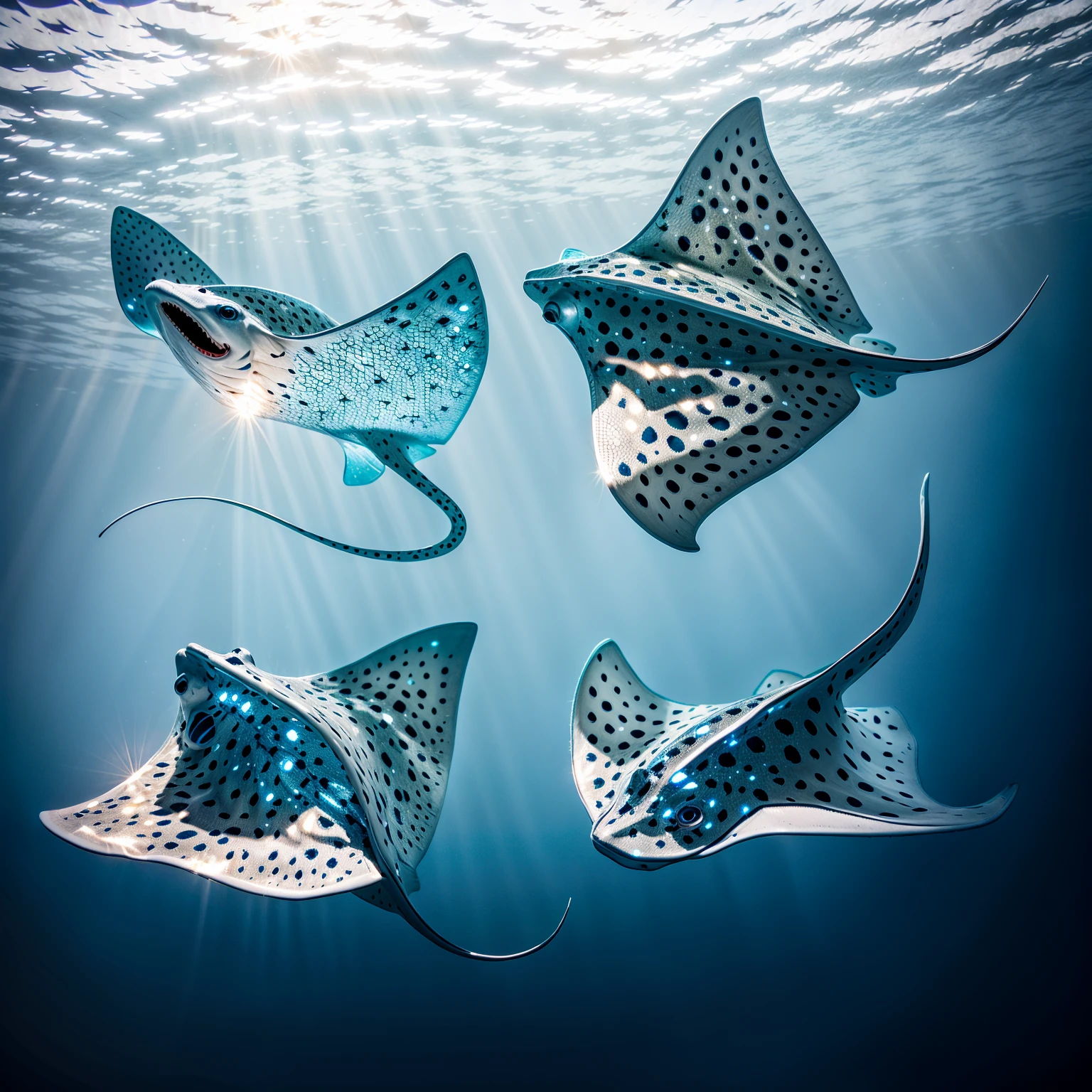 A highly detailed digital illustration of a stylized stingray dominates the composition, placed against a solid dark navy blue background. The stingray is positioned centrally, view from a side angle slightly turned to the left, displaying its diamond-shaped body and prominent triangular pectoral fins. Your skin displays a mesmerizing gradient of colors, transitioning from vibrant electric blue to pink and purple, with intricate white spots and patterns creating a starry effect. The stingray&#39;s eye is big, circular and prominently positioned on its head, featuring a dark iris surrounded by a bright orange ring, adding realistic detail. A tail, ​​elongated and curved upwards, stands out with its bright pink tone that blends with magenta. The illustration uses high contrast, vivid saturation and balanced luminance, creating a surreal and supernatural appearance. The creature&#39;s smooth, shiny surface is adorned with fine details, like textured scales, highlighted veins and contours, emphasizing its soft, flowing shape. The overall style is contemporary digital art with a vibrant and fantastical mood., featuring a shallow depth of field that keeps the focus entirely on the intricate details of this beautifully rendered sea creature.