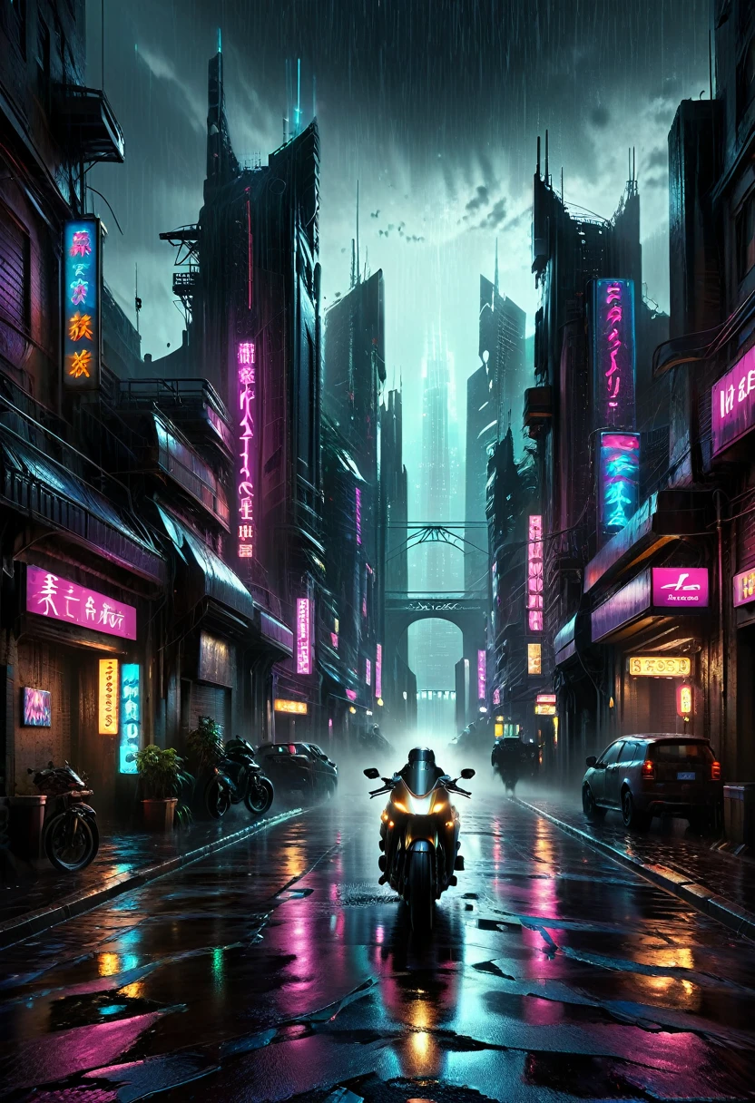 ((masterpiece)),((best quality)),((high detail)),((realistic,)) Futurist era city, deep gorges in the middle, architectural streets, bazaars, bridges, cyberpunk, European architecture, rainy night, neon, futuristic motorcycle