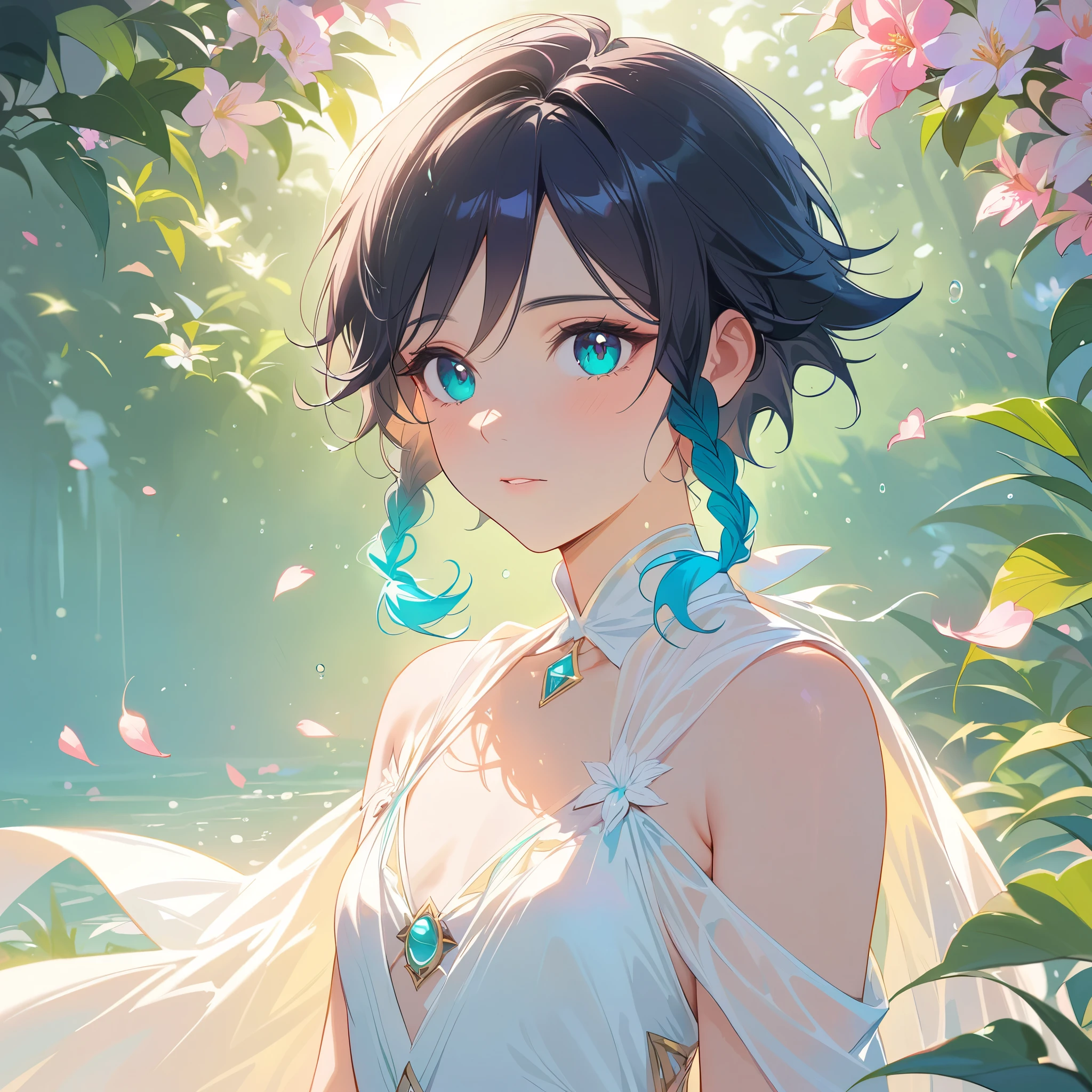 (best quality,4k,8k,highres,masterpiece:1.2),1boy,venti,genshin impact,black hair,ultra-detailed,(realistic:0.25),wearing simple white twist greek gown,morning of spring,sunlight reflection,intricate details,delicate,pastel color palette,elegant curves,effects of light and shadow,subtle reflections,face focus,sharp focus,flower petals falling,ethereal atmosphere,elysium,morning dew,soft sunlight filtering through trees,lush plant life,vividly colored blossoms,harmonious blend of nature and art,transcendent beauty,awe-inspiring artwork,flat chest,navy gradient hair in twin braids