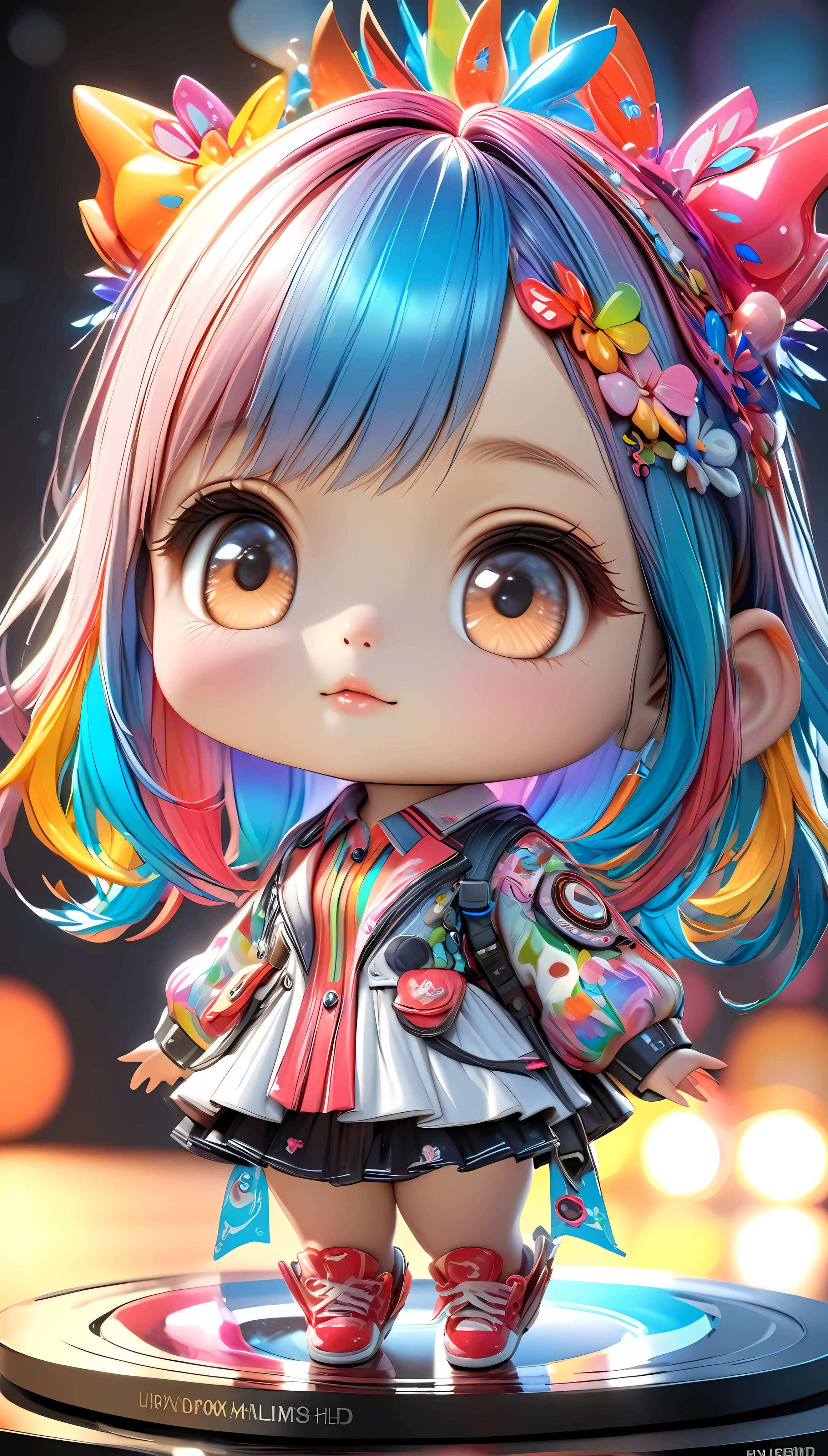 a highly detailed 4d clay model of a cute girl, solo, vibrant colorful gradients, anatomically correct, surreal and absurd aesthetics, cinema4d rendering, vivid colors, cute chibi style, polycarbonate, realistic 3d form, best quality, 4k, 8k, highres, masterpiece, ultra-detailed, realistic, photorealistic, photo-realistic, HDR, UHD, studio lighting, ultra-fine painting, sharp focus, physically-based rendering, extreme detail description, professional, vivid colors, bokeh, portraits, concept artists