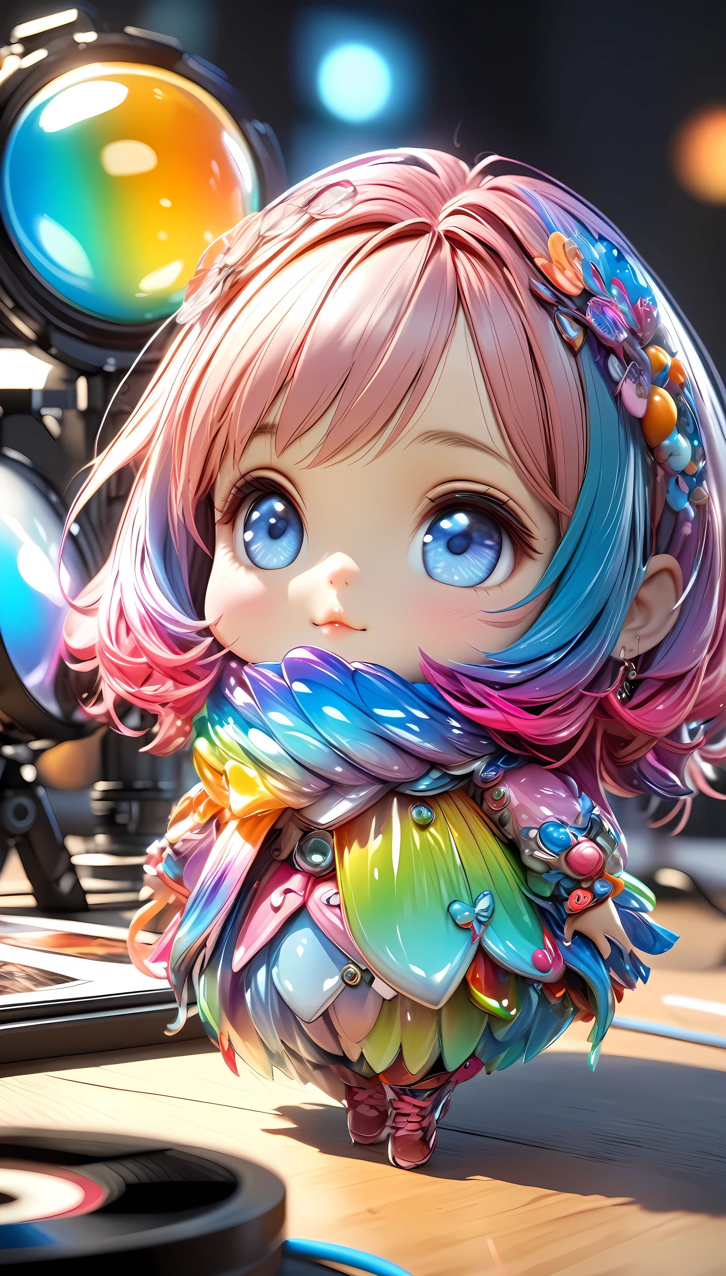 a highly detailed 4d clay model of a cute girl, solo, vibrant colorful gradients, anatomically correct, surreal and absurd aesthetics, cinema4d rendering, vivid colors, cute chibi style, polycarbonate, realistic 3d form, best quality, 4k, 8k, highres, masterpiece, ultra-detailed, realistic, photorealistic, photo-realistic, HDR, UHD, studio lighting, ultra-fine painting, sharp focus, physically-based rendering, extreme detail description, professional, vivid colors, bokeh, portraits, concept artists