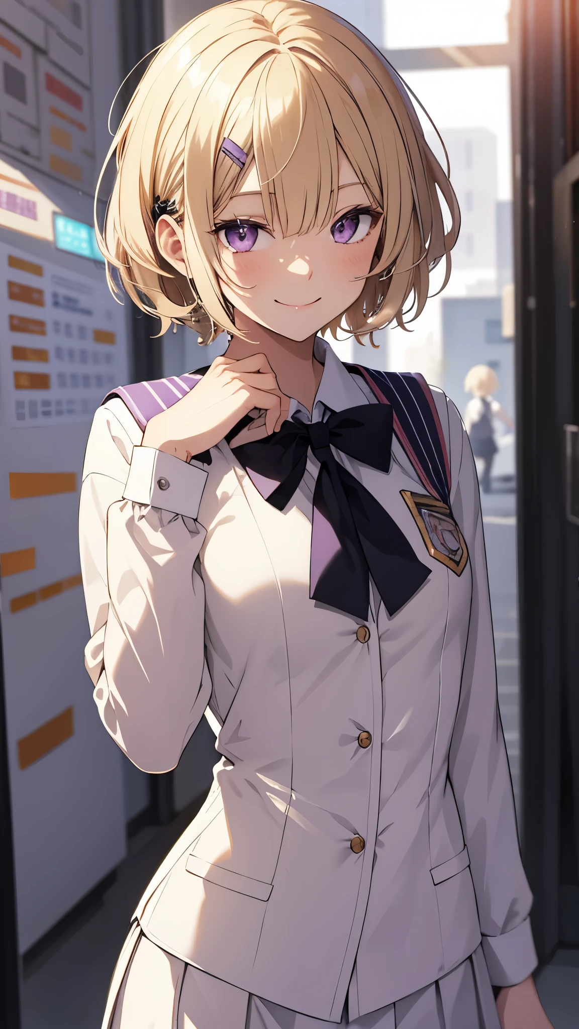 [[[ ultra-detailed, best quality, soft skin, beautiful face, masterpiece, close-up, modern setting, anime]]], short hairstyle, blonde hair, lilac eyes, bubbly, smiling, confident, school uniform, stage, dynamic angle, hairpins, slim body 