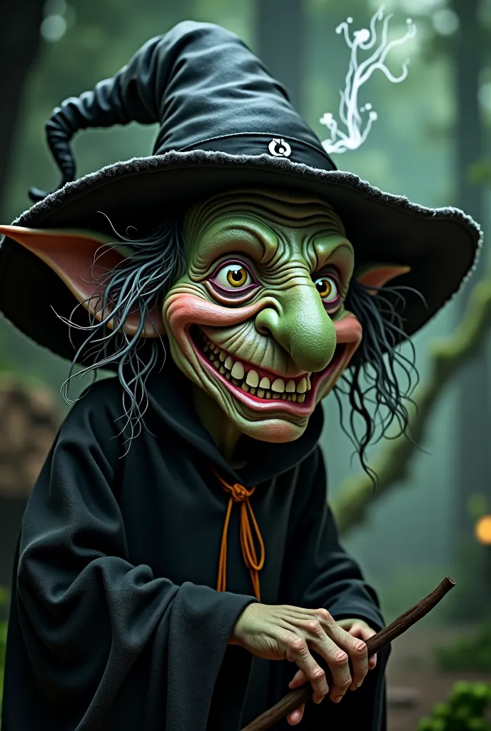 Witch with a big green nose and missing teeth
