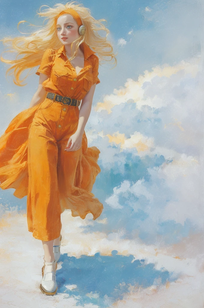 In realistic oil painting portrait of high quality and detail, Ippan Josei (My Hero Academia), Classicism, Waist, modern style, full-length, dark and mysterious atmosphere, glow, eye shadow, 1girl, thriller fantasy, Depth & Perspective, smiling face, a very tall, fox-like woman with a curved figure. She has shoulder-length blonde hair, with a single strand running down the right side of her face. She has big blue eyes with fluffy eyelashes and pointed ears, as well as green fur and a white fluffy underbelly. She wears an orange button-down shirt with yellow-orange buttons and pockets on both sides of her chest, as well as black trousers with a yellow-orange belt. She wears bracelets of the same color on both hands, as well as an orange headband that seems to resemble headphones. She also wears slip-on shoes in orange and cream colors. Mystical powers, fine face, outdoors, blue sky, white cloud, looking at viewer, (ultra-high detail:1.2), Masterpiece, Best Quality, Ultra-detailed, Cinematic lighting, 8K, delicate features, cinematic, 35 mm lens, f/1.9, highlight lighting, global lighting –uplight –v 4, cinematic, intense gaze, Cinematic lighting, 8K, high quality, Highest Quality, (Solo Focus), (extremly intricate:1.3), (Realistic), dramatic, masterful, Analog style, (Film grain:1.5), (warm hue, cold tone)