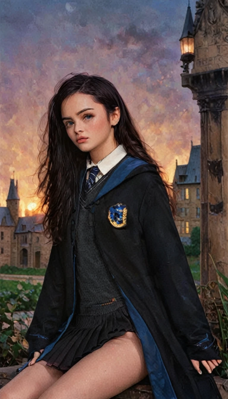 Anime Art, Black Hair、Long Hair, A girl in a Ravenclaw uniform wearing a black robe, Hogwarts, Ravenclaw Crest, Low - Angle, Calm colors, dark palette, Hazy dusk, (Looking away, Looking into the distance:1.3)  High resolution, masterpiece, 最high quality, high quality, 4K,8k,Attention to detail、Golden Eyes、